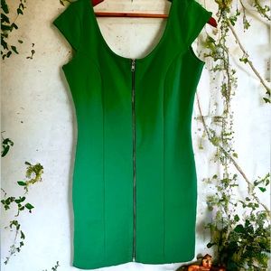 Divided H&M Emerald Green Front Zipper Bodycon Dress with Cap Sleeves Size 10